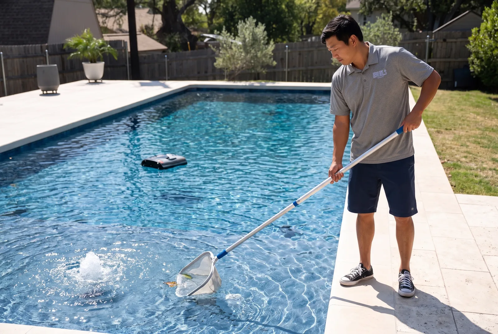 Max skimming leaves and debris off the surface of a client pool